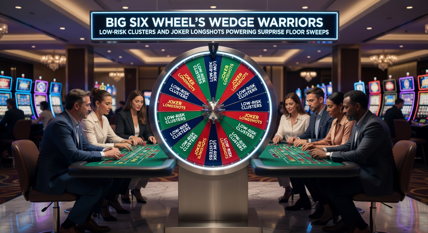 Close-up of a Big Six Wheel's Joker wedge landing dramatically, surrounded by chips and excited onlookers during a major payout sweep