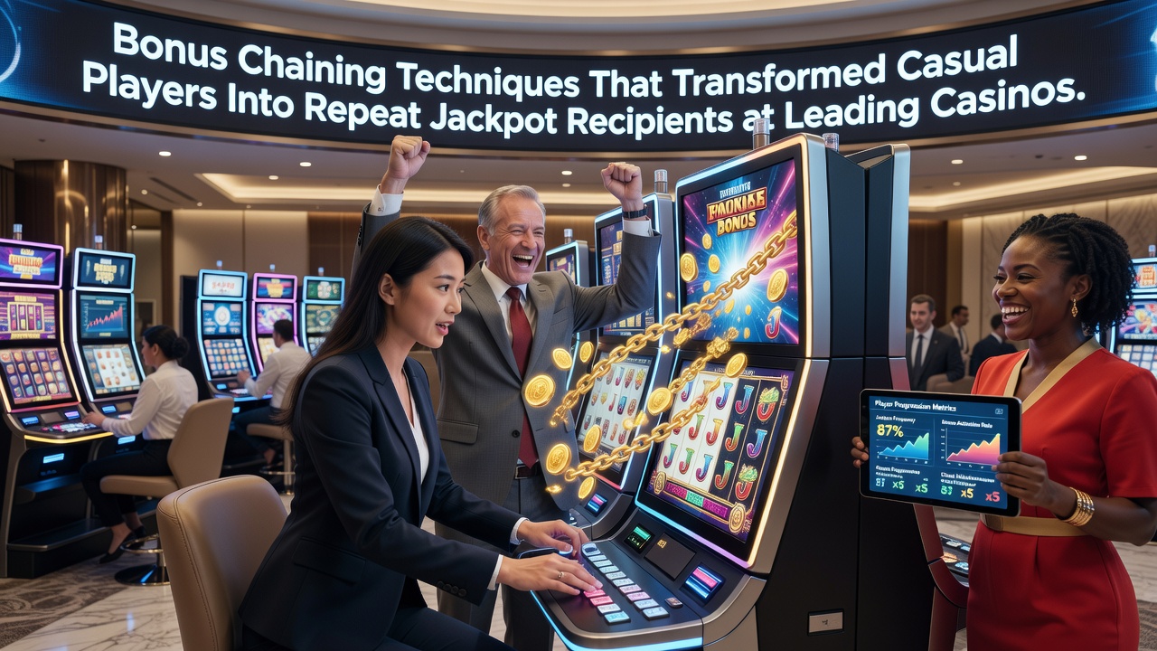 Player dashboard illustrating chained bonus progression and jackpot win notifications