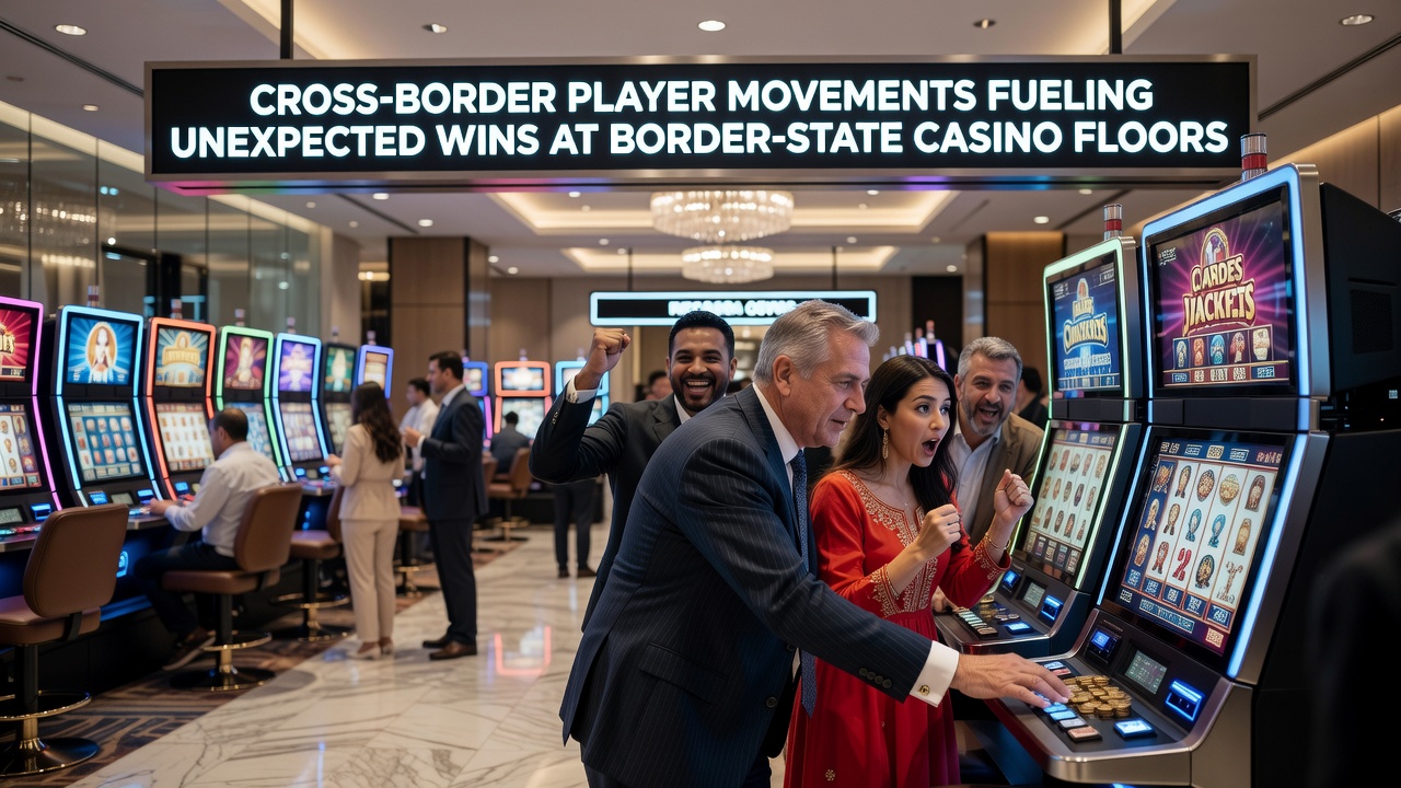 Interior view of a border-state casino showing diverse groups of players at slot machines and gaming tables during peak hours