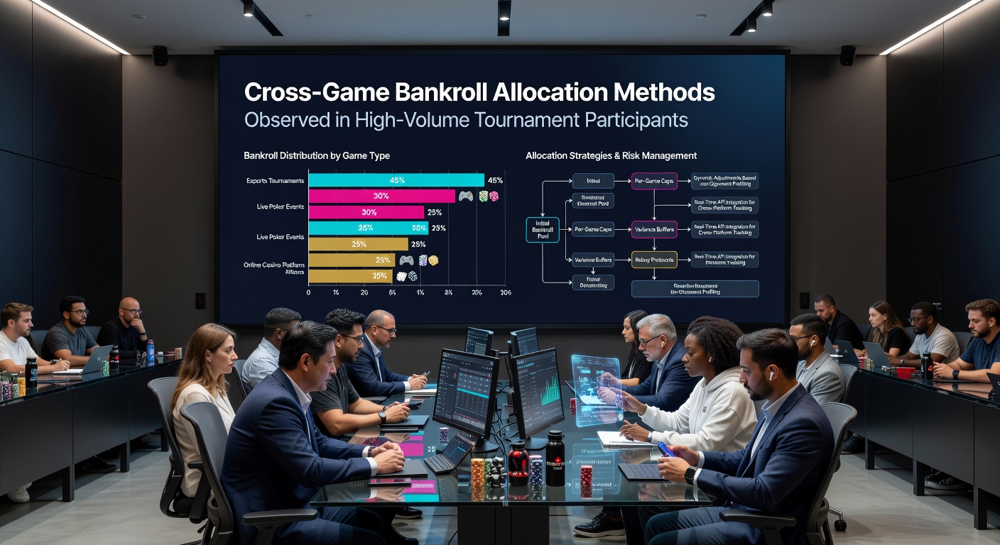 Tournament players discussing bankroll splits between live and online formats during a break