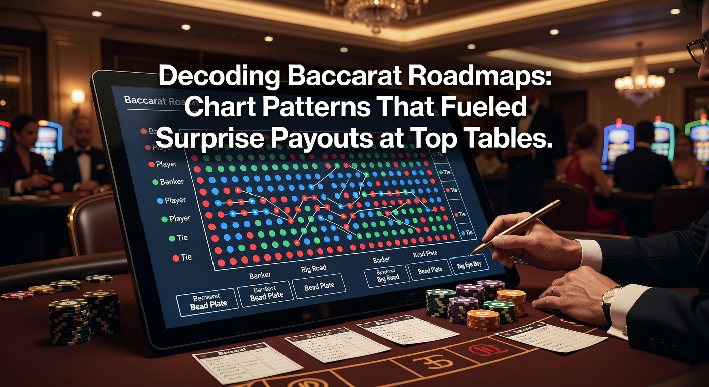Detailed baccarat shoe roadmap on a digital screen, highlighting a long dragon streak pattern amid high-stakes chips and cards