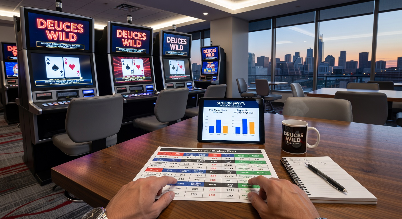 Close-up of a Deuces Wild strategy chart next to a massive progressive jackpot meter lighting up a royal flush win