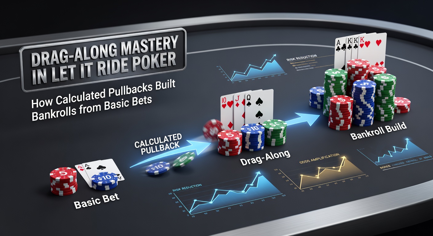 Close-up of a Let It Ride poker hand layout showing community cards, player cards, and chips positioned for a strategic pullback decision