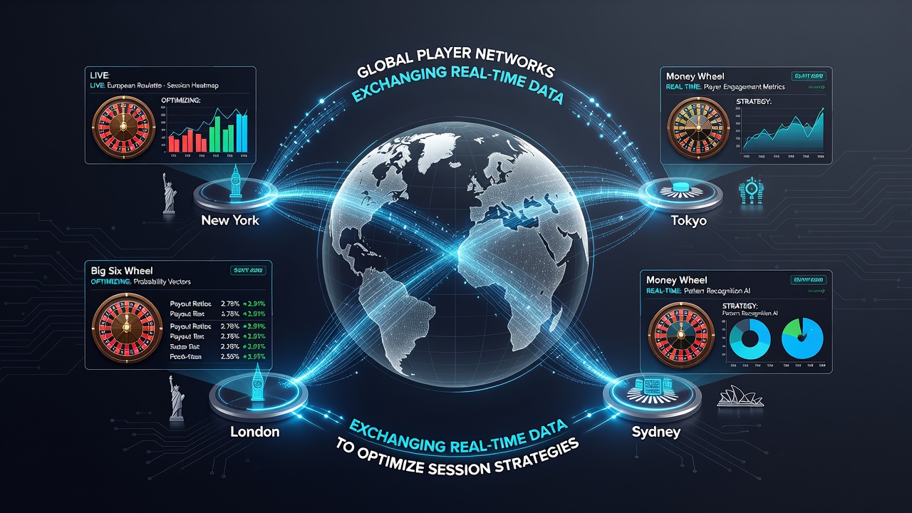 Players collaborating via mobile devices at a roulette table while sharing session data through encrypted channels