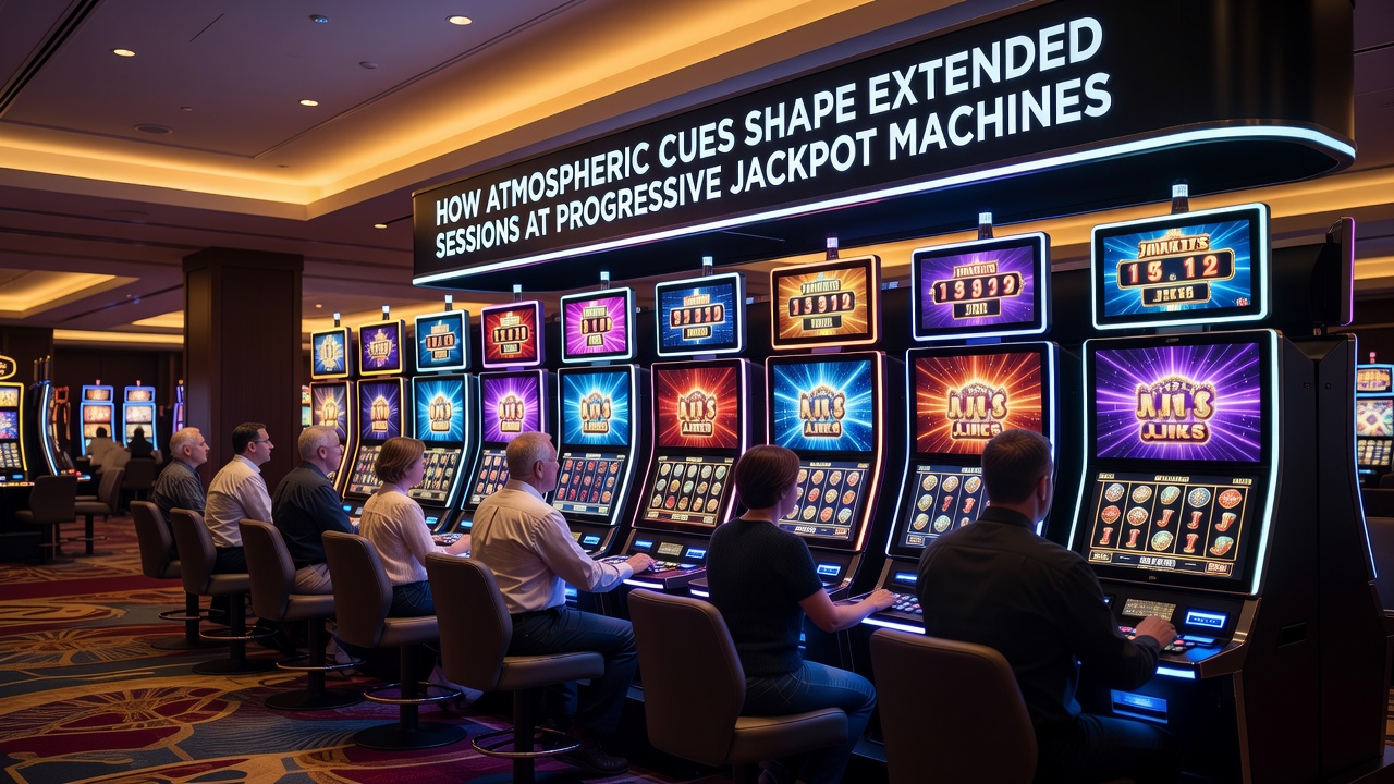 Close-up of progressive jackpot display with surrounding atmospheric lighting and player seating arrangement