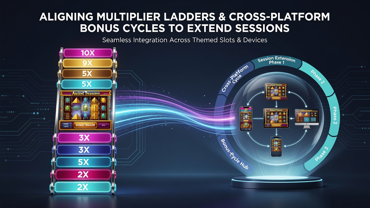 Cross-platform slot gameplay showing synchronized multiplier and bonus indicators on multiple devices