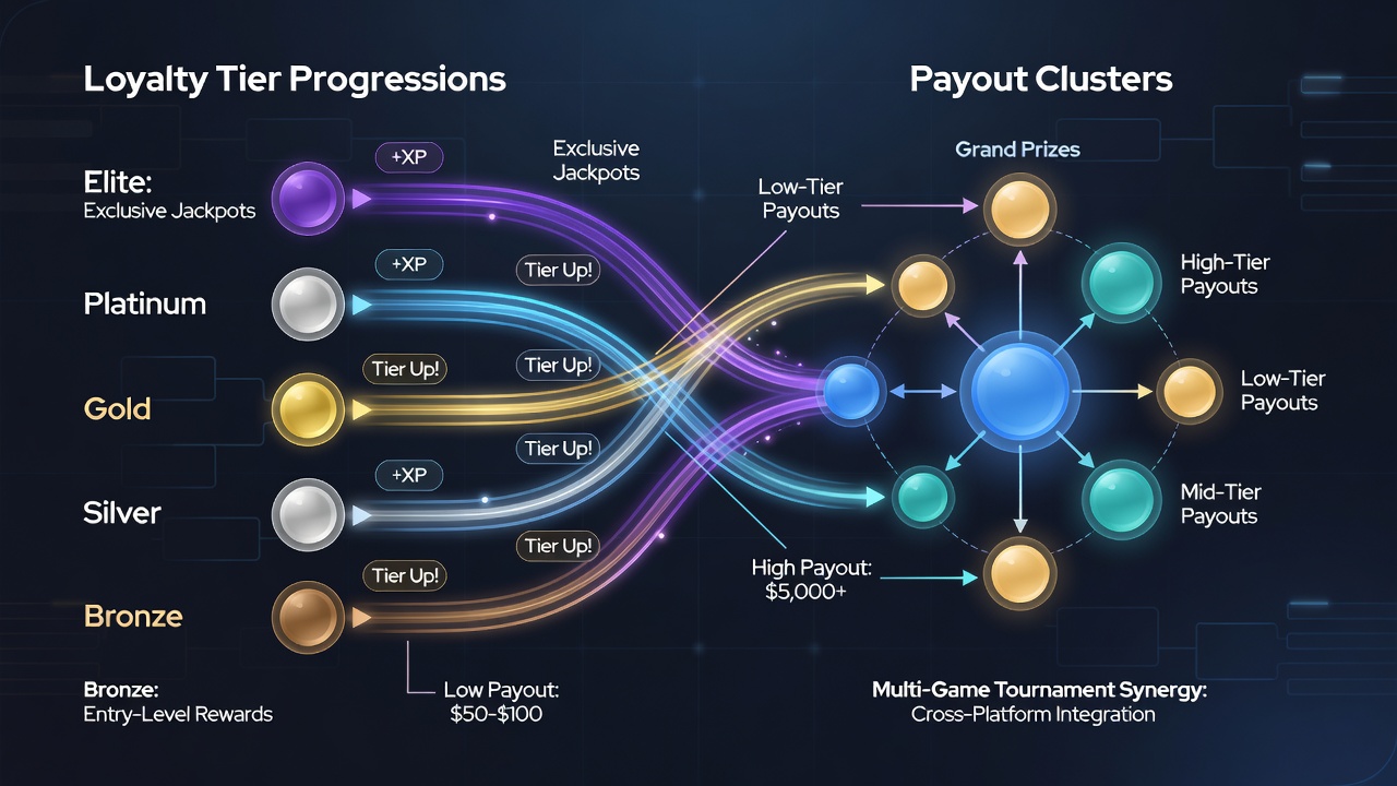 Infographic illustrating payout distribution clusters linked to different loyalty tiers in combined poker, slots, and table game tournaments