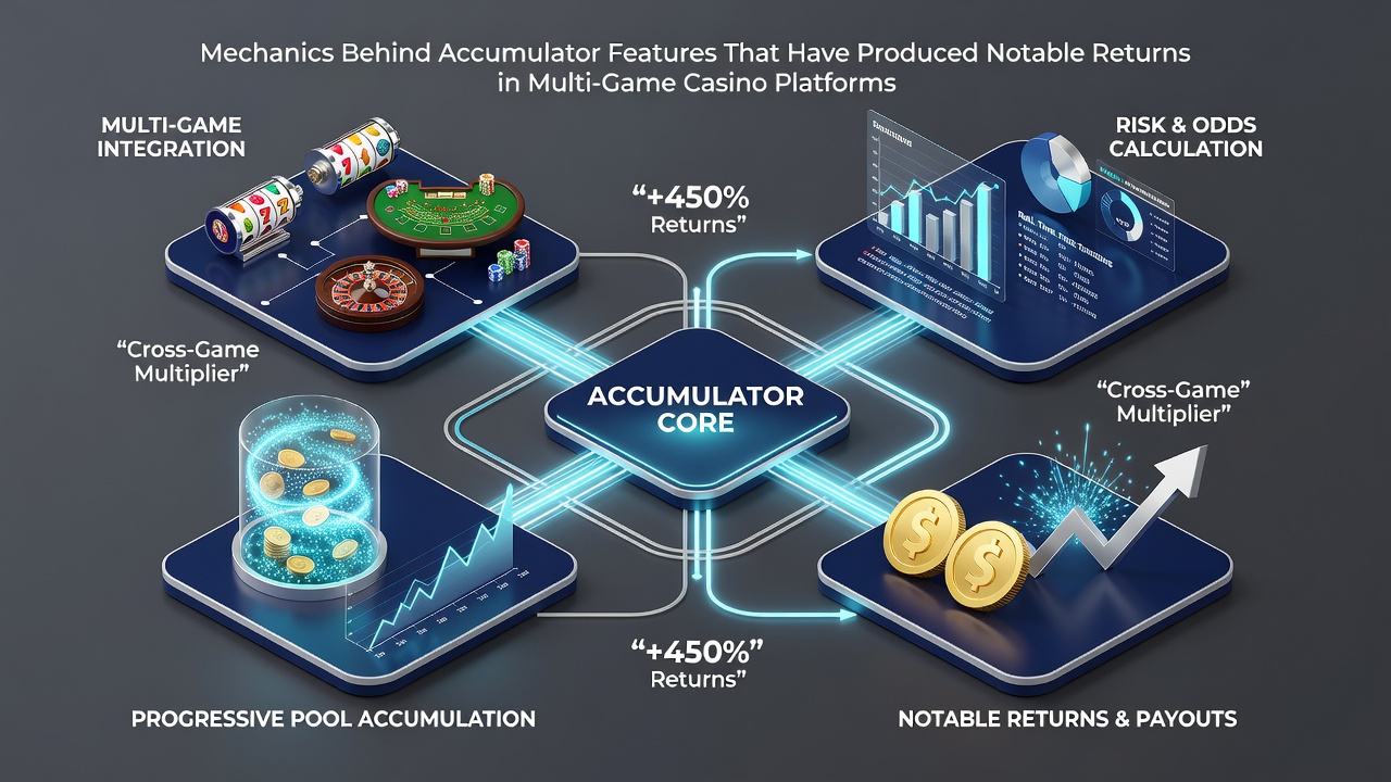 Screenshot of a multi-game casino interface displaying active accumulator pools and contribution rates from different titles