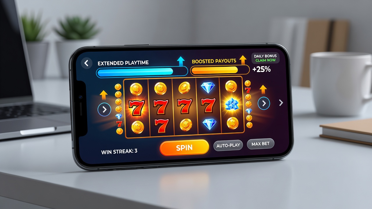 Close-up view of mobile slot reels with highlighted win notifications and session metrics