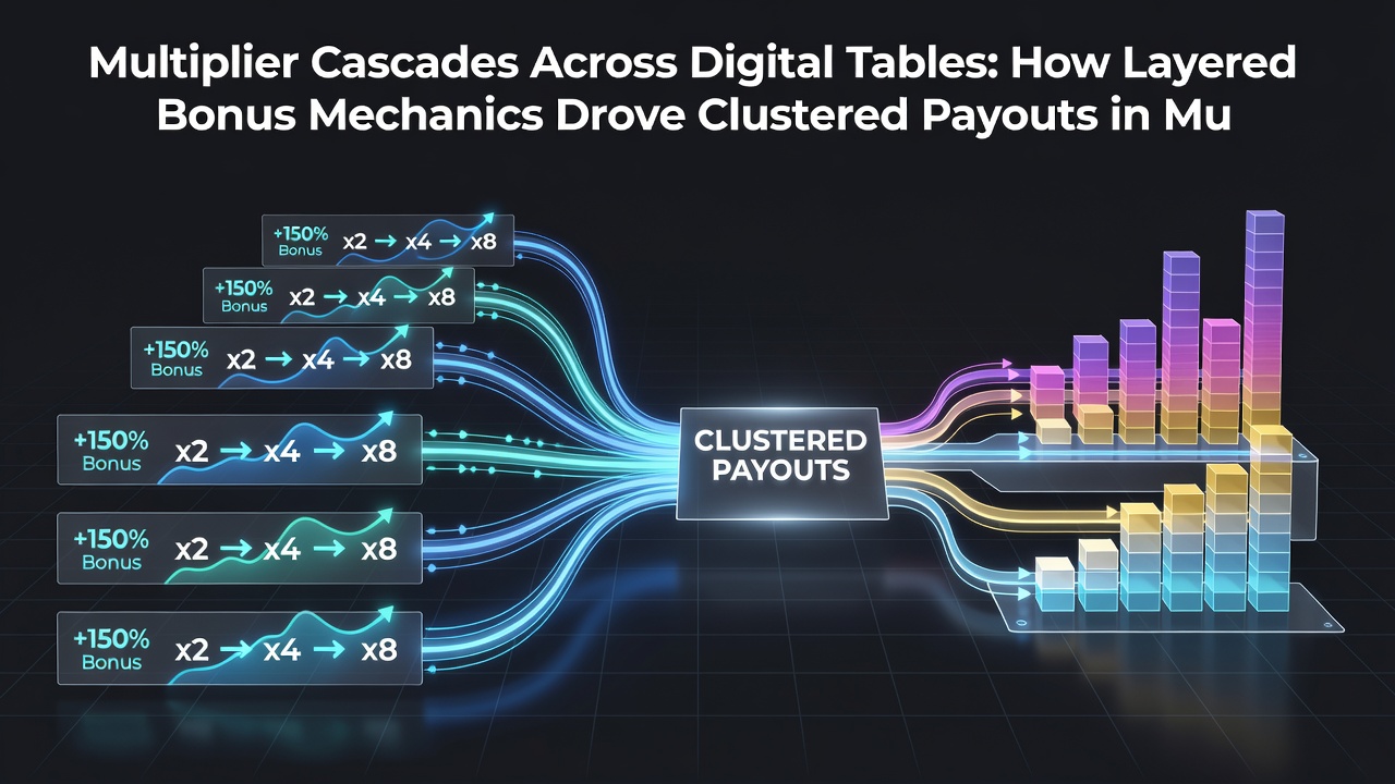 Close-up of cascading multiplier meters on digital tables illustrating clustered payout events in a multi-game session