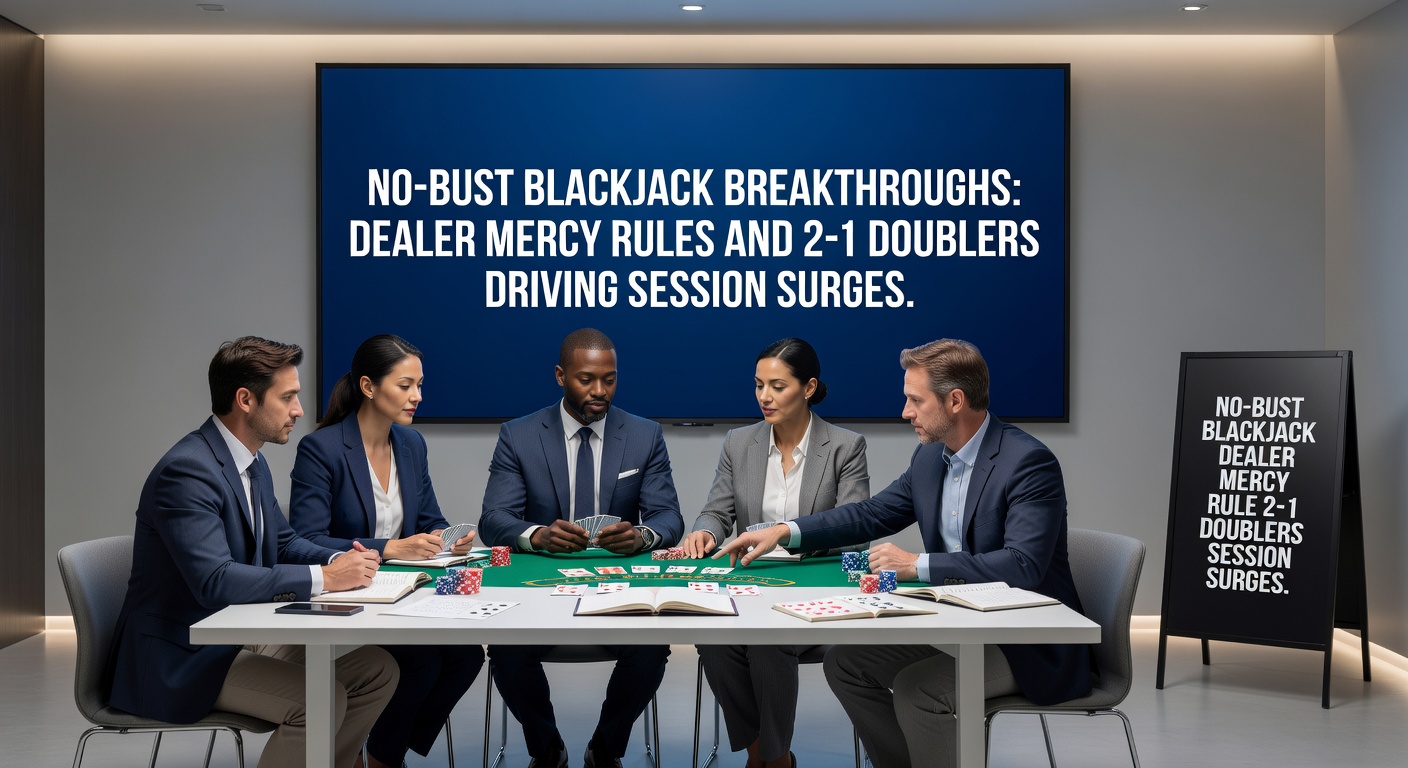 Player doubling down on a strong hand at a no-bust blackjack table, with chips stacked high and the 2-1 payout potential highlighted in the scene
