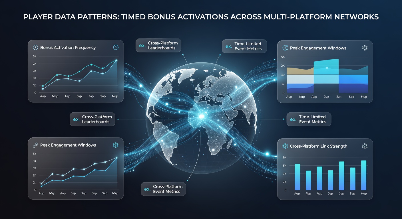 Charts and graphs displaying statistical links between timed bonuses, session durations, and win frequencies across gaming networks