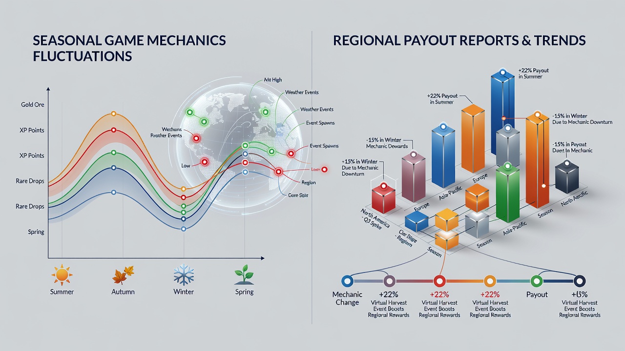 Regional maps and charts comparing virtual game payout data across seasons