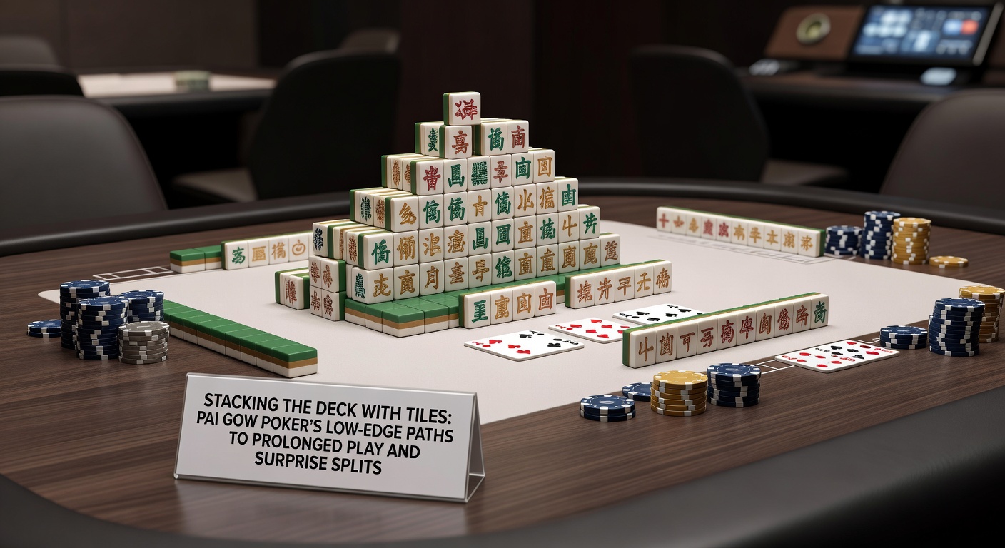 Casino floor scene with Pai Gow Tiles table in action, players intently setting tiles amid stacks of chips and a lively dealer