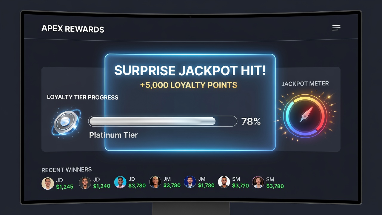 Analytics dashboard displaying loyalty tier progress alongside jackpot hit statistics from online gaming sites