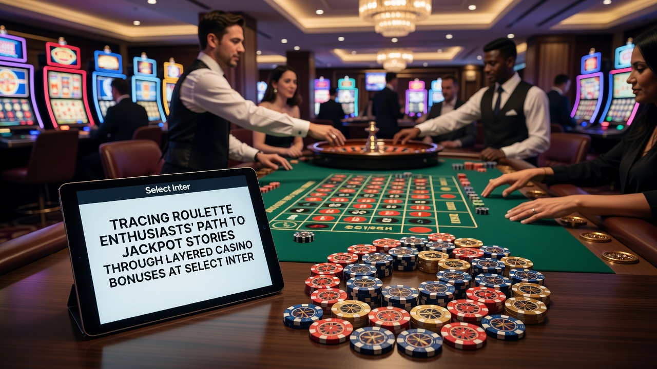 Player reviewing bonus terms at a roulette table in a global casino setting