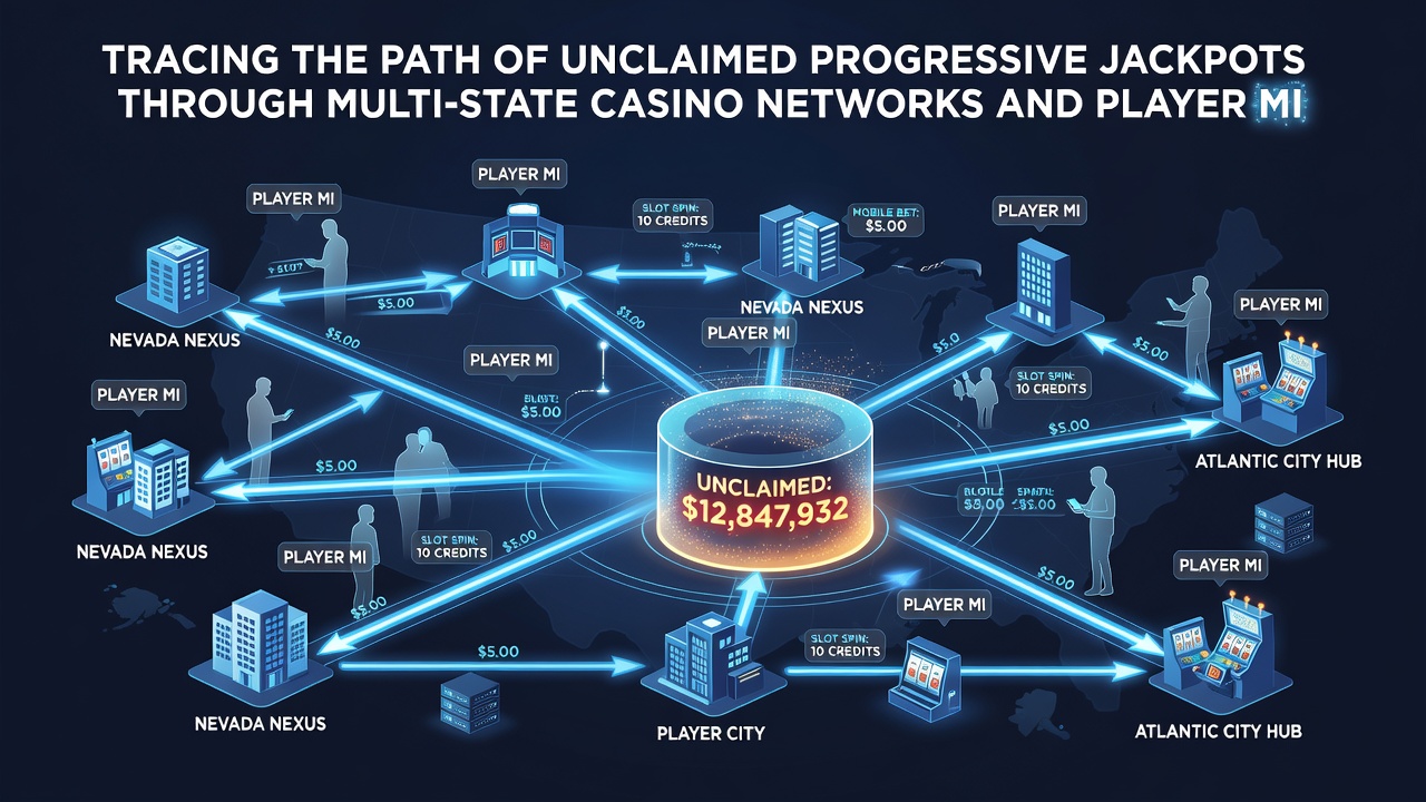 Casino floor with linked progressive slot machines and player activity indicators
